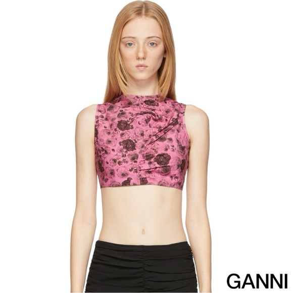 GANNI **NWT** Asymmetrical Ruched Lace-Up Top in Pink Rose Print - Picture 3 of 16